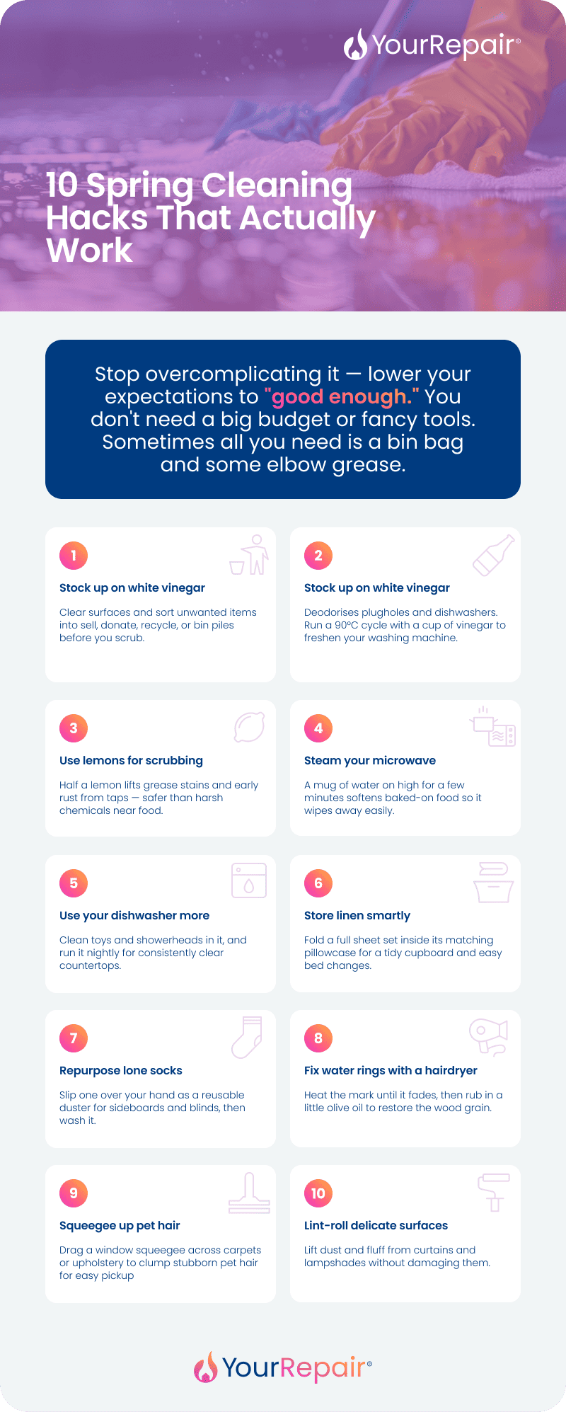 Infographic: 10 spring cleaning hacks, from decluttering and white vinegar to lemon scrubbing and pet hair removal. Infographic: 10 spring cleaning hacks, from decluttering and white vinegar to lemon scrubbing and pet hair removal.
