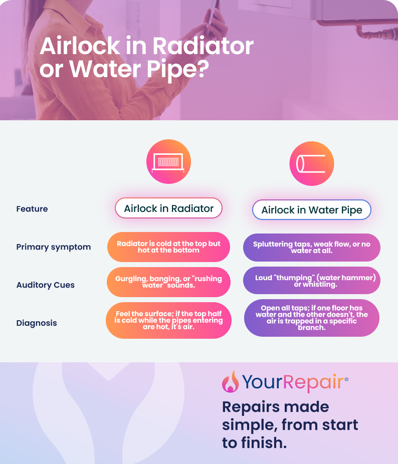 Infographic by YourRepair comparing airlocks in radiators versus water pipes. A radiator airlock causes the top to be cold while the bottom stays hot, with gurgling or banging sounds. A water pipe airlock causes spluttering taps or no flow at all, with thumping or whistling sounds. Diagnosis differs: feel the radiator surface to confirm uneven heat distribution, or open all taps to identify which floor or branch is affected.