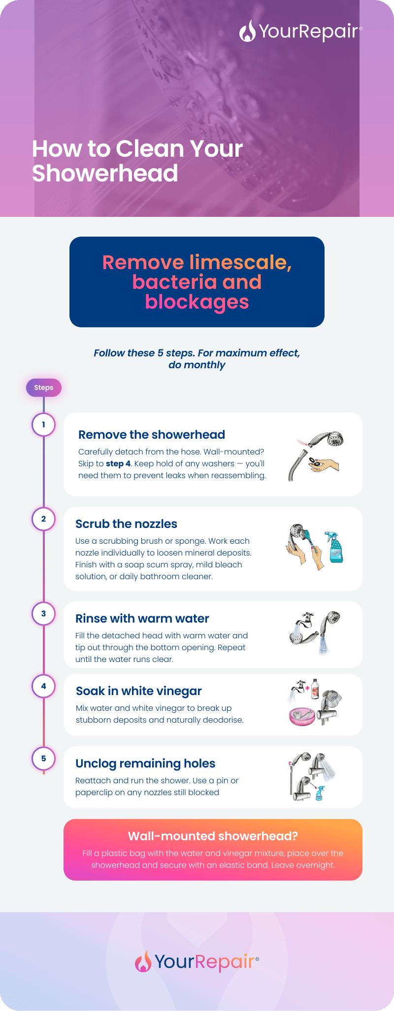 Infographic showing 5 steps to clean a showerhead: remove the showerhead, scrub the nozzles, rinse with warm water, soak in white vinegar, and unclog remaining holes. Includes a tip for wall-mounted showerheads.