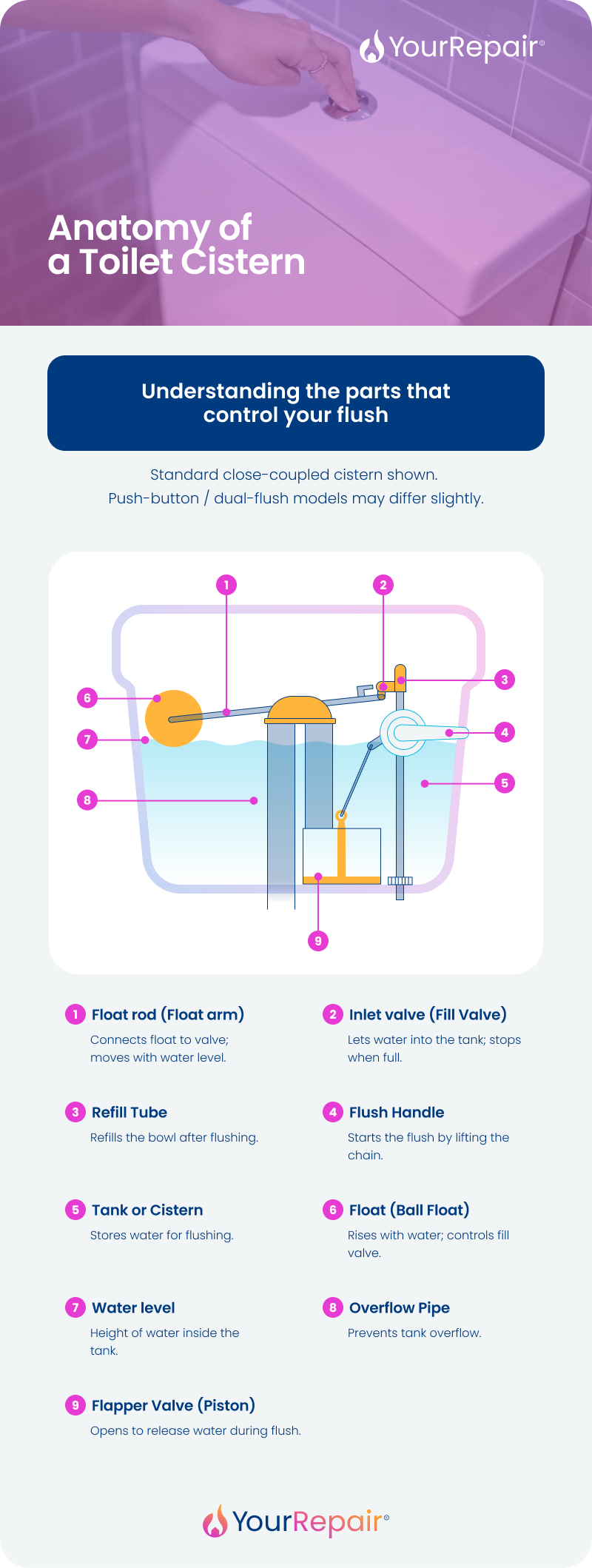 A YourRepair infographic titled 'Anatomy of a Toilet Cistern &mdash; understanding the parts that control your flush'. A cross-section diagram of a standard close-coupled cistern labels 9 parts: 1) Float rod &mdash; connects float to valve and moves with water level; 2) Inlet valve &mdash; lets water in and stops when full; 3) Refill tube &mdash; refills the bowl after flushing; 4) Flush handle &mdash; starts the flush by lifting the chain; 5) Tank/cistern &mdash; stores water for flushing; 6) Float/ball float &mdash; rises with water to control the fill valve; 7) Water level &mdash; height of water inside the tank; 8) Overflow pipe &mdash; prevents tank overflow; 9) Flapper valve/piston &mdash; opens to release water during flush. Note that push-button and dual-flush models may differ slightly.