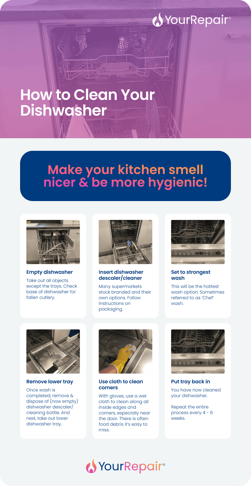 Infographic showing how to clean a dishwasher in 6 steps: empty it, add descaler, run hottest wash, remove tray, clean corners, replace tray. Infographic showing how to clean a dishwasher in 6 steps: empty it, add descaler, run hottest wash, remove tray, clean corners, replace tray.